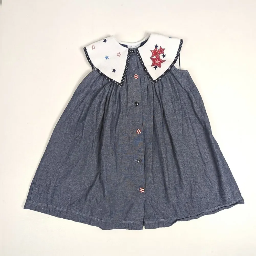 Vintage Kids Casual Blue Dress with White Sailor Collar